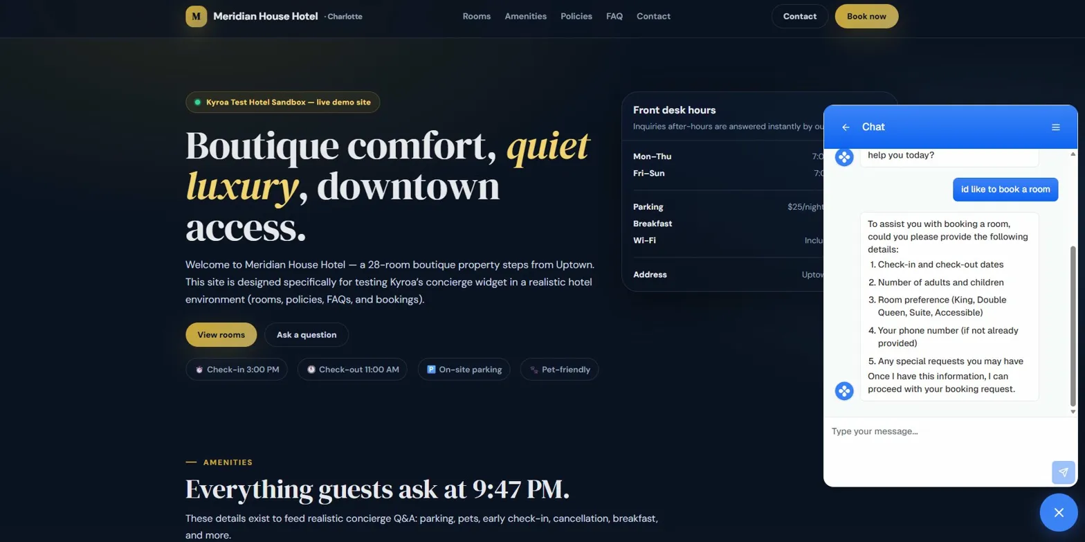 Kyroa chat widget open on a boutique hotel website